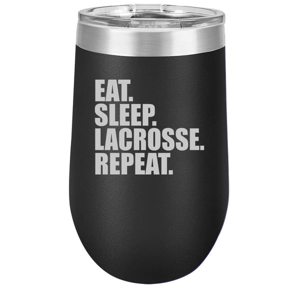 16 oz Double Wall Vacuum Insulated Stainless Steel Stemless Wine Tumbler Glass Coffee Travel Mug With Lid Eat Sleep Lacrosse Repeat (Black)