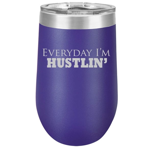 16 oz Double Wall Vacuum Insulated Stainless Steel Stemless Wine Tumbler Glass Coffee Travel Mug With Lid Everyday I'm Hustlin' (Purple)