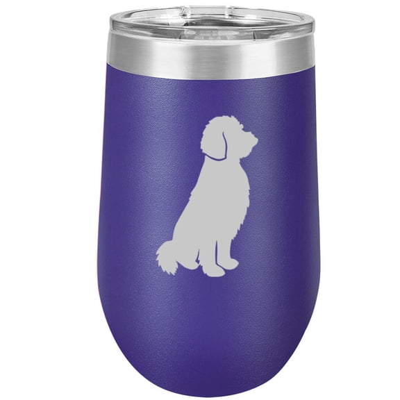 16 oz Double Wall Vacuum Insulated Stainless Steel Stemless Wine Tumbler Glass Coffee Travel Mug With Lid Goldendoodle (Purple)