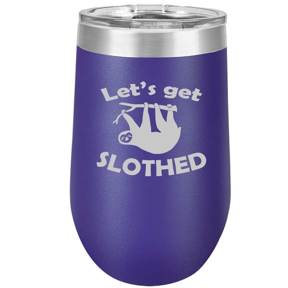 16 oz Double Wall Vacuum Insulated Stainless Steel Stemless Wine Tumbler Glass Coffee Travel Mug With Lid Let's Get Slothed Sloth Funny (Purple)