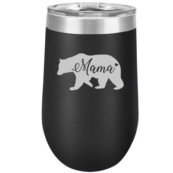 16 oz Double Wall Vacuum Insulated Stainless Steel Stemless Wine Tumbler Glass Coffee Travel Mug With Lid Mama Bear Mom Mother (Black)