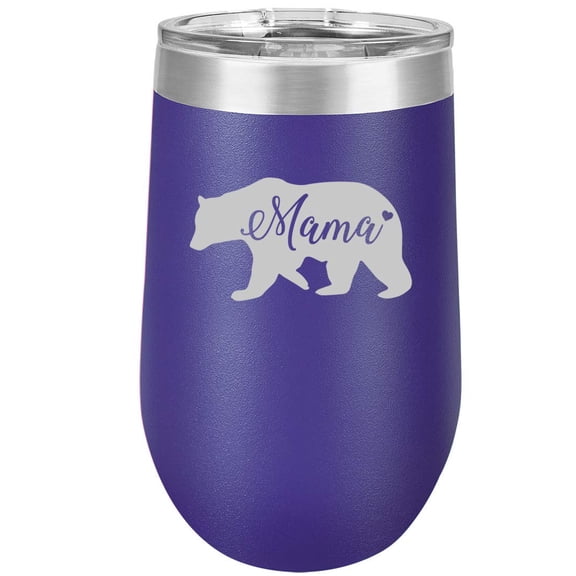 16 oz Double Wall Vacuum Insulated Stainless Steel Stemless Wine Tumbler Glass Coffee Travel Mug With Lid Mama Bear Mom Mother (Purple)