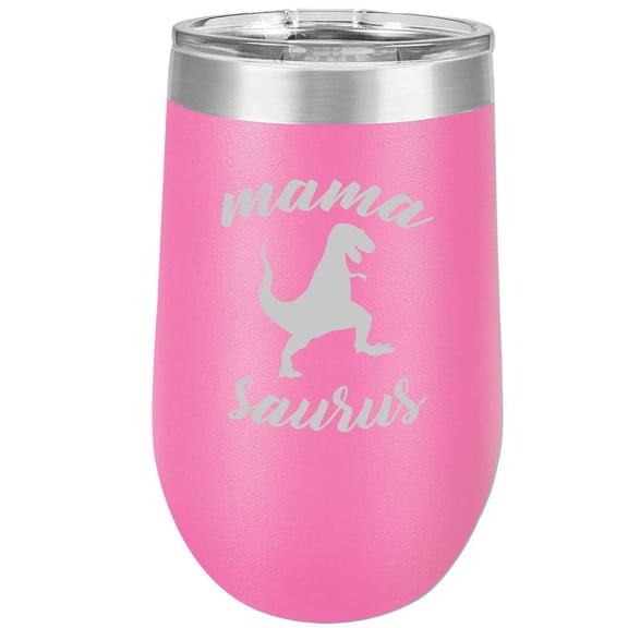16 oz Double Wall Vacuum Insulated Stainless Steel Stemless Wine Tumbler Glass Coffee Travel Mug With Lid Mama Saurus Mom Mother T-Rex Funny (Hot Pink)