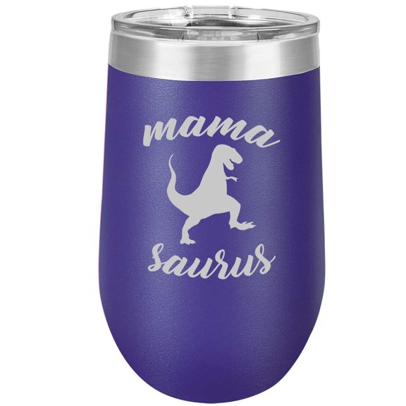 16 oz Double Wall Vacuum Insulated Stainless Steel Stemless Wine Tumbler Glass Coffee Travel Mug With Lid Mama Saurus Mom Mother T-Rex Funny (Purple)