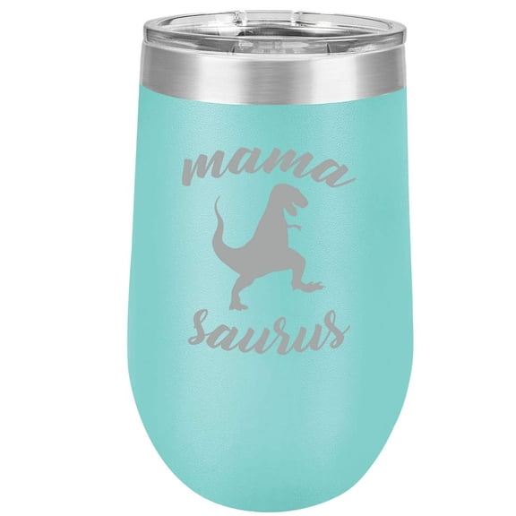 16 oz Double Wall Vacuum Insulated Stainless Steel Stemless Wine Tumbler Glass Coffee Travel Mug With Lid Mama Saurus Mom Mother T-Rex Funny (Teal)
