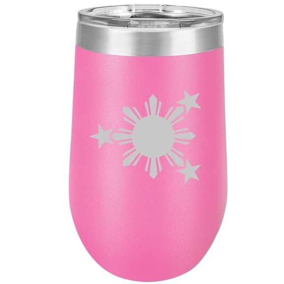 16 oz Double Wall Vacuum Insulated Stainless Steel Stemless Wine Tumbler Glass Coffee Travel Mug With Lid Philippines Stars And Sun (Hot Pink)