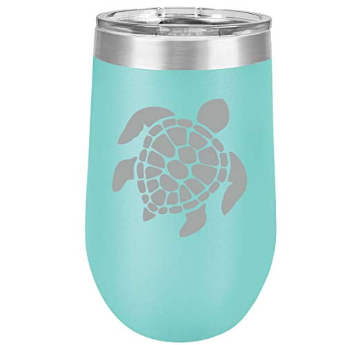 16 oz Double Wall Vacuum Insulated Stainless Steel Stemless Wine Tumbler Glass Coffee Travel Mug With Lid Sea Turtle (Teal)