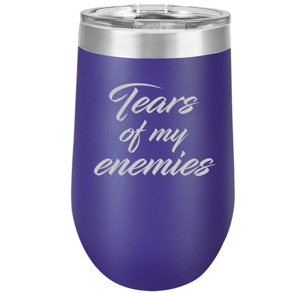 16 oz Double Wall Vacuum Insulated Stainless Steel Stemless Wine Tumbler Glass Coffee Travel Mug With Lid Tears Of My Enemies White Wine (Purple)