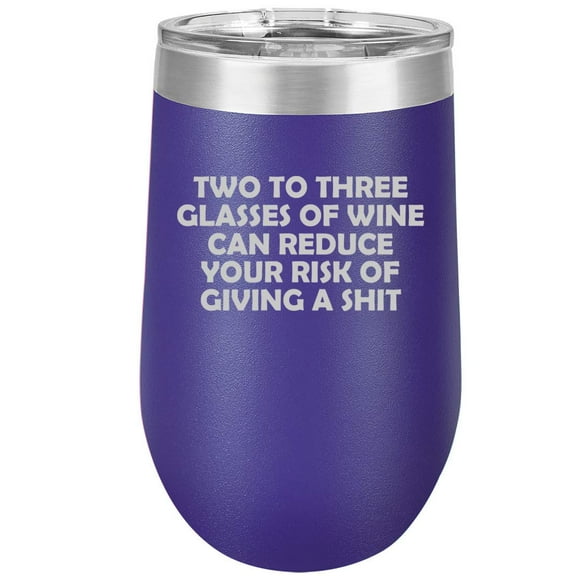 16 oz Double Wall Vacuum Insulated Stainless Steel Stemless Wine Tumbler Glass Coffee Travel Mug With Lid Two To Three Glasses Of Wine Can Reduce Risk Funny (Purple)