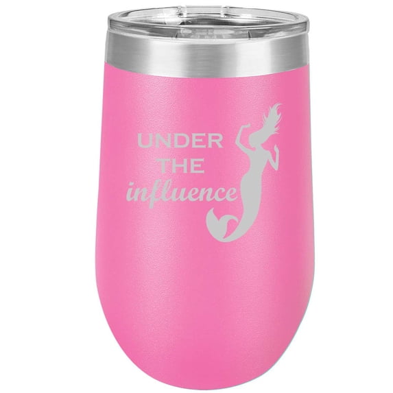 16 oz Double Wall Vacuum Insulated Stainless Steel Stemless Wine Tumbler Glass Coffee Travel Mug With Lid Under The Influence Mermaid Funny (Hot Pink)