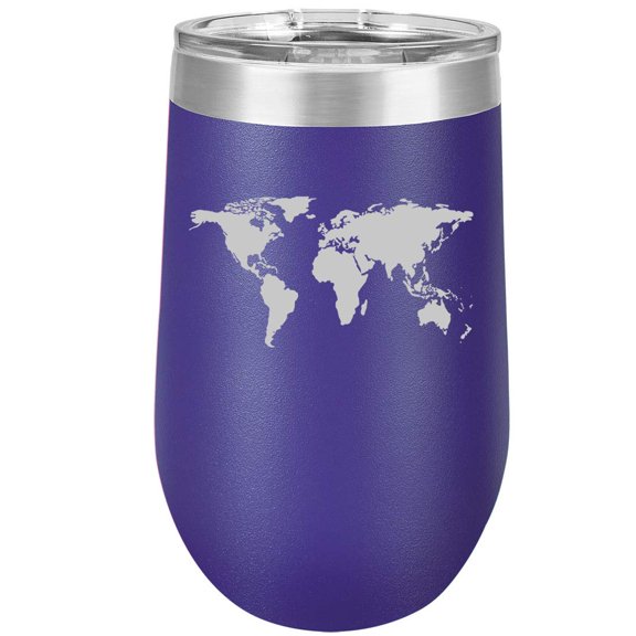 16 oz Double Wall Vacuum Insulated Stainless Steel Stemless Wine Tumbler Glass Coffee Travel Mug With Lid World Map (Purple)
