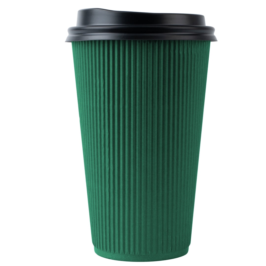 16 oz Forest Green Paper Ripple Wall Coffee Cup - with Black Lid - 3 1/2 x  3 1/2 x 6 1/4 - 200 count box
