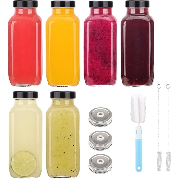 16 oz Glass Juice Bottles with Lids, 6-Pack Reusable Juice Containers, Water Bottles, Glass Drink Jars for Juicing, Smoothies, Kombucha, Ginger, Milk