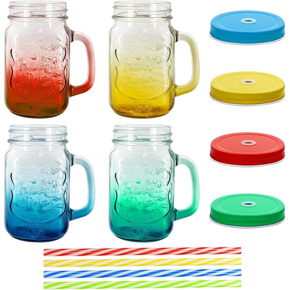 16 oz Glass Mason Jars with Handles Set Of 4 Colored gradient Embossed and Metal Lids and Hard Plastic Straws Drinking Glasses Cups Mug Set for Iced Coffee, Tea