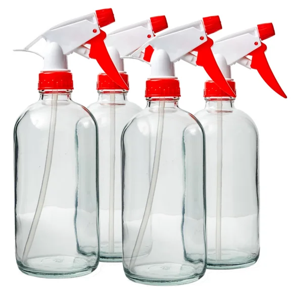 16 oz. Glass Spray Bottles 4-Pack with Red Trigger Sprayer, Adjustable