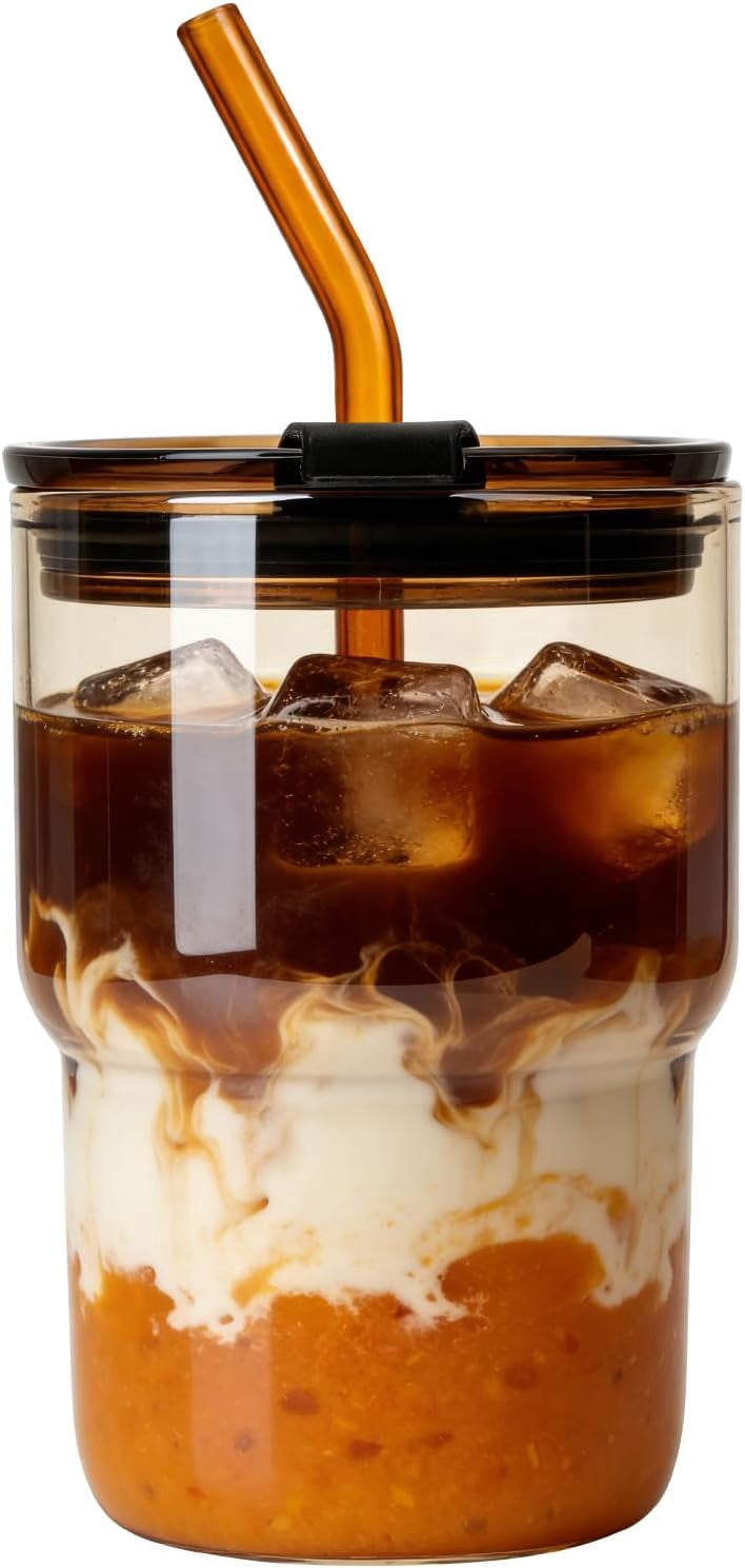 16 oz Glass Tumbler with Lid & Straw, Reusable Iced Coffee Cup ...