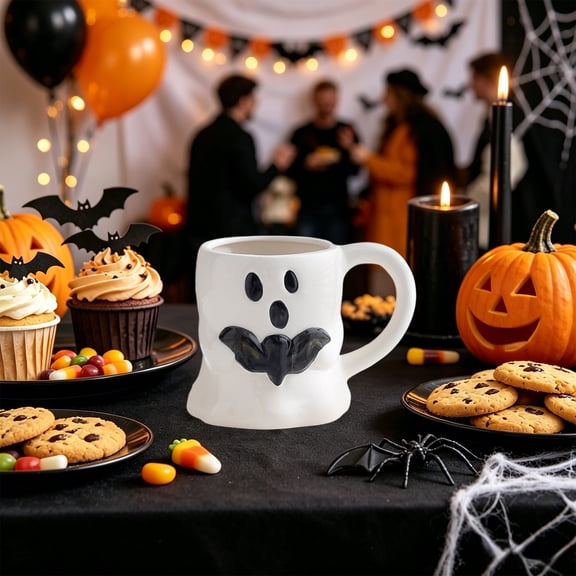 16 oz Halloween Ghost Mug Decorations, Ceramic Cute Ghost Coffee Cup with Pumpkin for Hot and Cold Drinks, Hand-Painted Holiday Gift for Halloween Party and Home Decor
