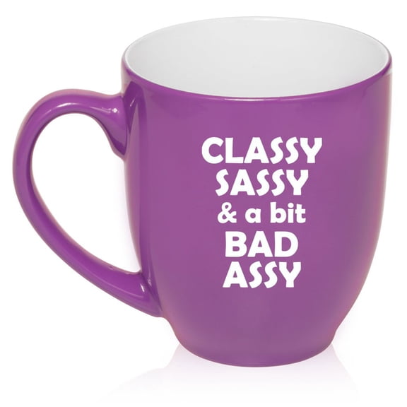 16 oz Large Bistro Mug Ceramic Coffee Tea Glass Cup Classy Sassy And A Bit Bad Assy (Purple)