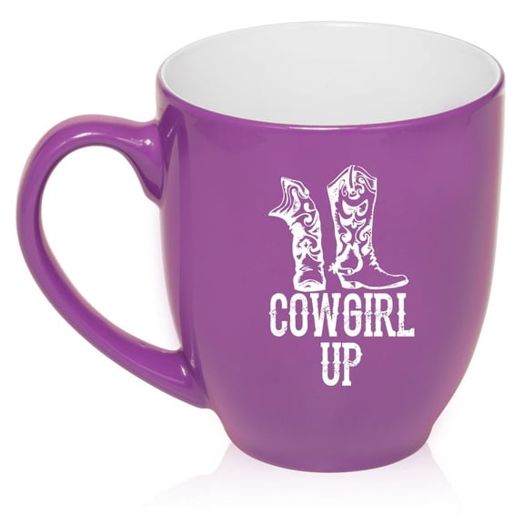 16 oz Large Bistro Mug Ceramic Coffee Tea Glass Cup Cowgirl Up Boots (Purple)