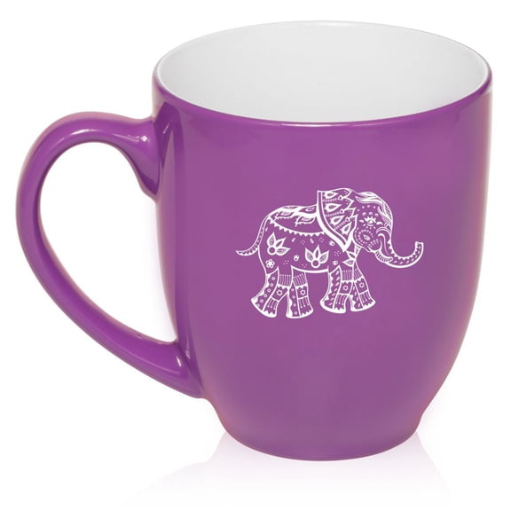 16 oz Large Bistro Mug Ceramic Coffee Tea Glass Cup Festive Elephant (Purple)