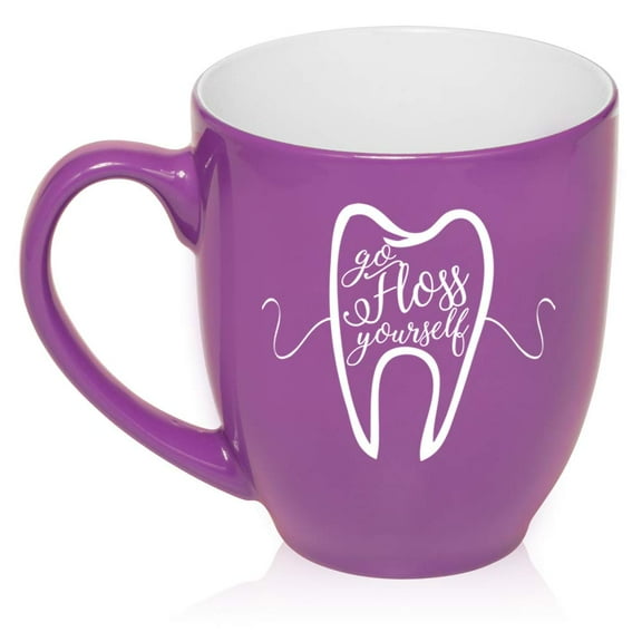 16 oz Large Bistro Mug Ceramic Coffee Tea Glass Cup Go Floss Yourself Dentist Dental Hygienist (Purple)