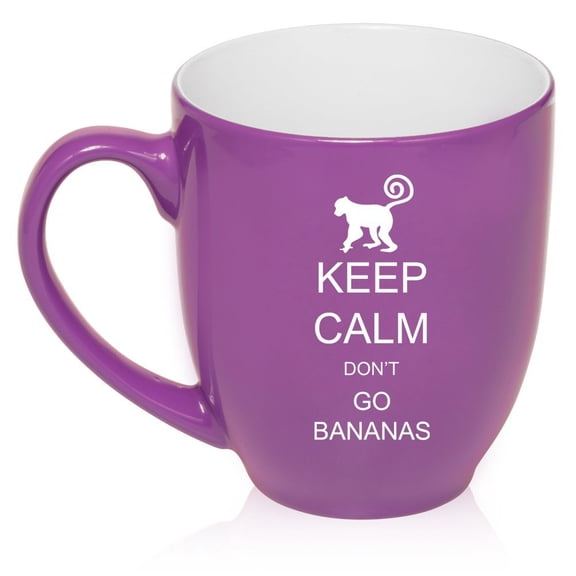 16 oz Large Bistro Mug Ceramic Coffee Tea Glass Cup Keep Calm Don't Go Bananas Monkey (Purple)