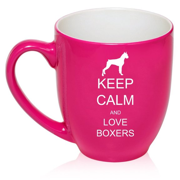 16 oz Large Bistro Mug Ceramic Coffee Tea Glass Cup Keep Calm and Love Boxers (Hot Pink)