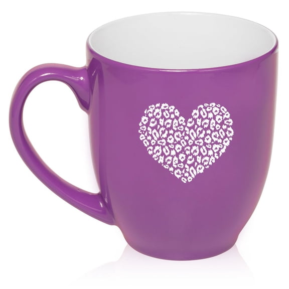 16 oz Large Bistro Mug Ceramic Coffee Tea Glass Cup Leopard Print Love Heart (Purple)