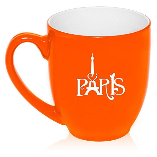 16 oz Large Bistro Mug Ceramic Coffee Tea Glass Cup Paris Eiffel Tower Heart Love (Orange)
