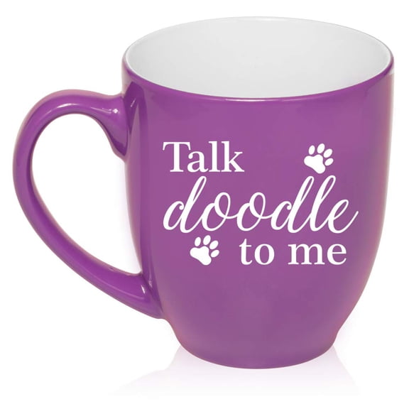 16 oz Large Bistro Mug Ceramic Coffee Tea Glass Cup Talk Doodle To Me Doodle Dog (Purple)