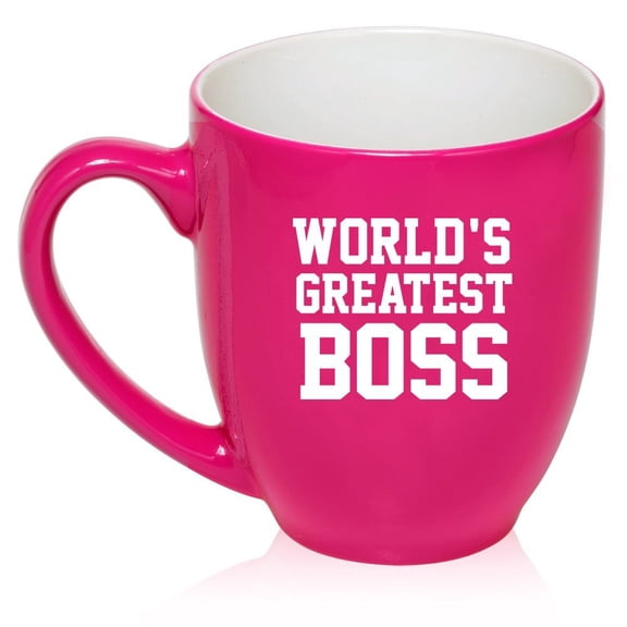 16 oz Large Bistro Mug Ceramic Coffee Tea Glass Cup World's Greatest Boss (Hot Pink)