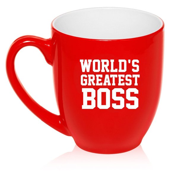 16 oz Large Bistro Mug Ceramic Coffee Tea Glass Cup World's Greatest Boss (Red)