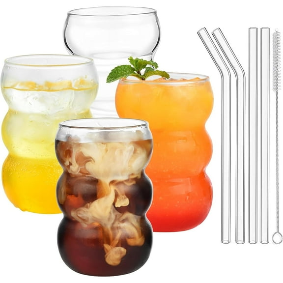 16 oz Large Ribbed Glassware Drinking Glasses with Straws Set of 4, Crystal Vintage Glassware Iced Coffee Cups, Cocktail Glass Cups for Beer, Whiskey, Soda, Water, Tea, Milk,Juice
