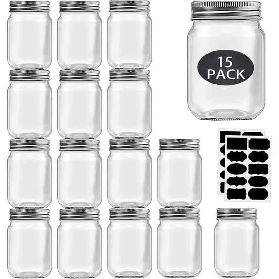 16 oz Mason Jars With Lids Regular Mouth 15 Pack-16oz Glass Jars with Silver Lids,Bulk Pint Clear Glass Jars For Meal Prep, Food Storage With 20 Labels