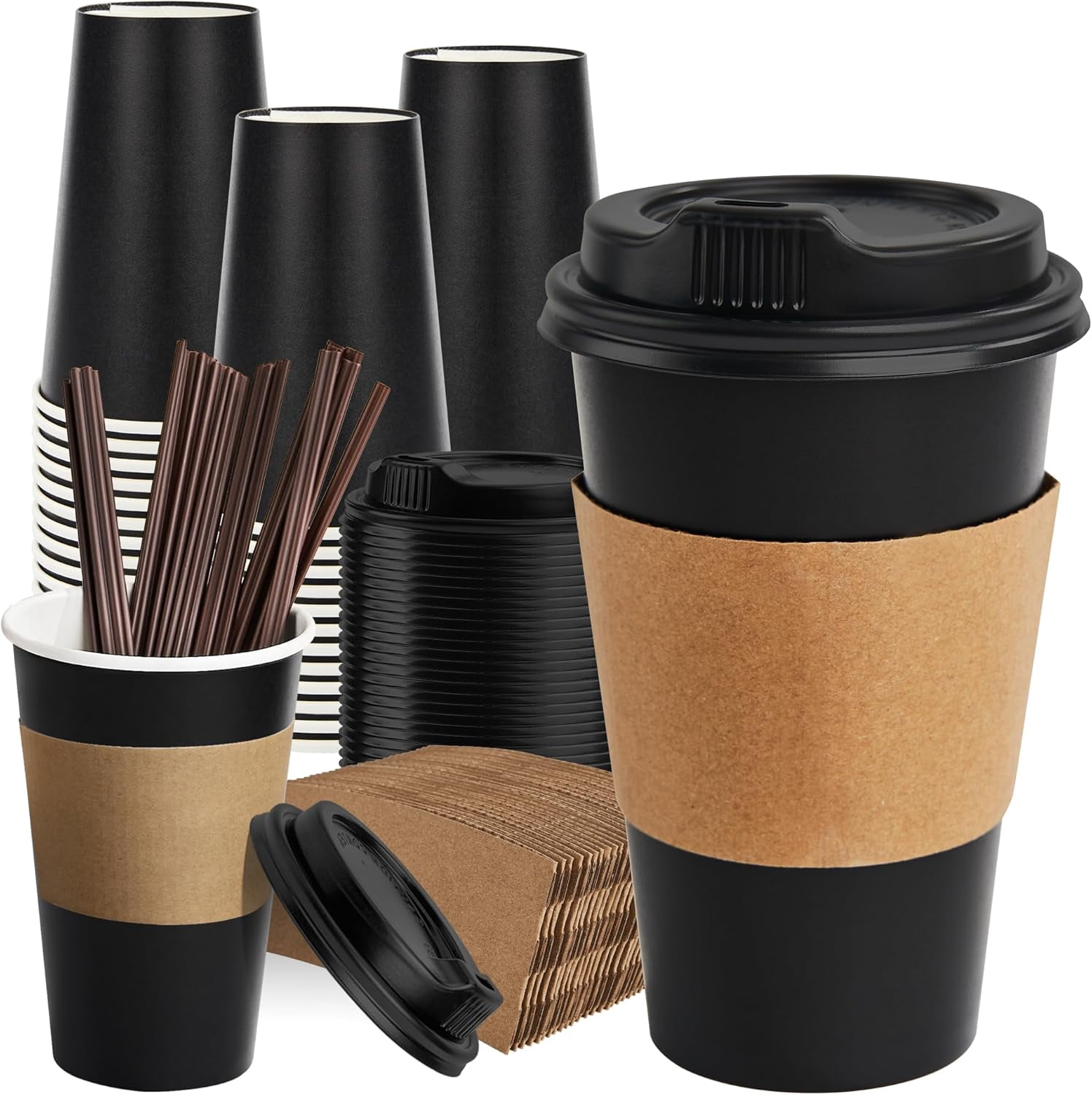 120 Pack 16 Oz Disposable Coffee Cups With Lids & Sleeves - Black Paper Cups, Leak-Proof, Hot/Cold