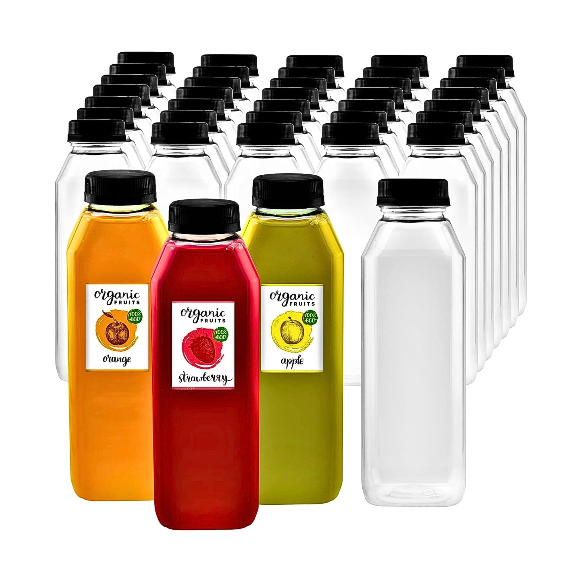 Green Direct 16oz Clear Plastic Reusable Juice Bottles with Caps | Empty Water Bottles for Juicing, Smoothies, Shakes | BPA-Free, Durable & Leakproof | Pack of 35