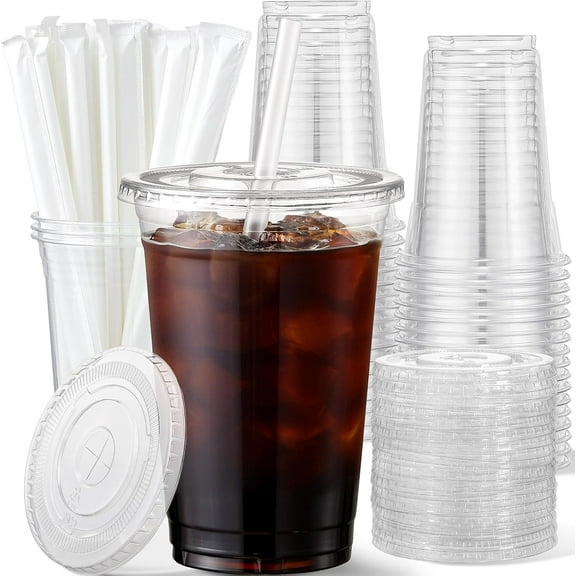 16 oz Plastic Cups with Lids and Straws, 50 Pack, Disposable Iced Coffee Cups with Lids, Clear Cups with Lids for Cold Drinks, Iced Tea, Milkshakes, Smoothies - Durable & BPA Free