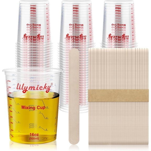 16 oz Plastic Mixing Cups, 50 Pack 16 oz (500ml) Disposable Measuring Cups with 50 Wooden Mixing Sticks, Can Be Used for Epoxy Resin, Liquid Measuring, Paint, Cooking and Baking