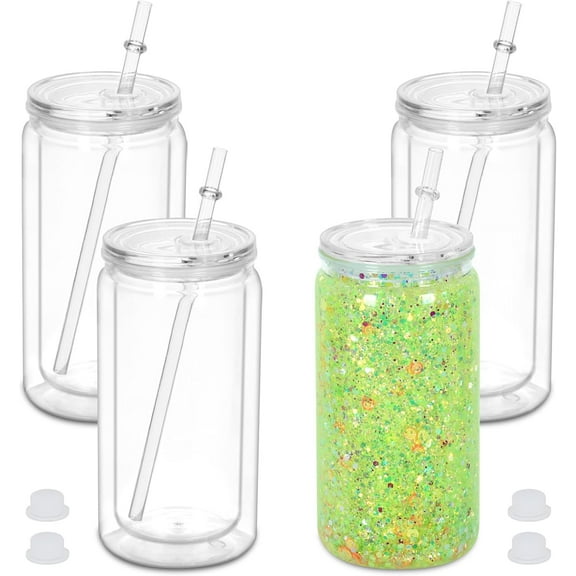 16 oz Plastic Snow Globe Tumbler, 4 Pack Double Wall Snowglobe Tumbler with Pre Drilled Hole, Plastic Mason Jar Cups Can for Snow Globe Glitter DIY ( Clear )