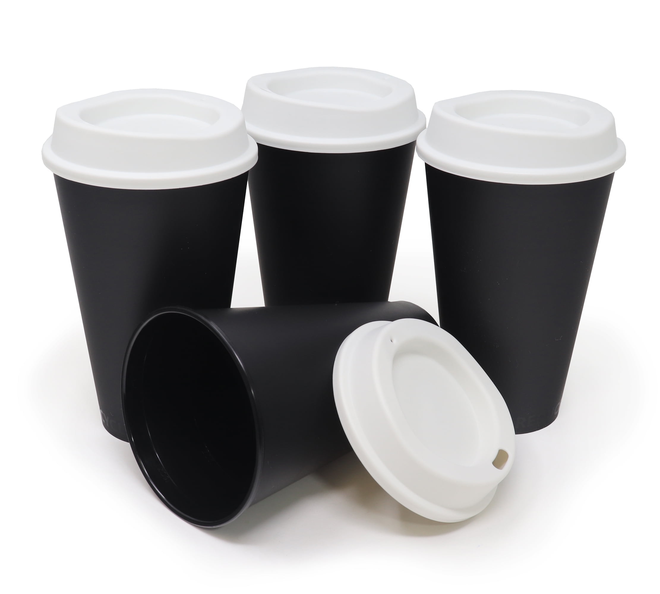 16 oz Reusable Coffee Cups with Lids 4 Pk, To Go Travel Cups, USA Made, Hot  or Cold Drinks, Dishwasher and Microwave Safe, Black Cups, White Lids