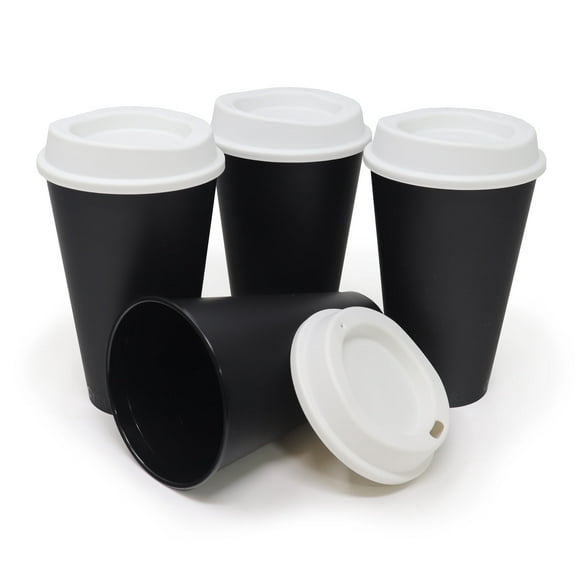 16 oz Reusable Coffee Cups with Lids 4 Pk, To Go Travel Cups, USA Made, Hot or Cold Drinks, Dishwasher and Microwave Safe, Black Cups, White Lids