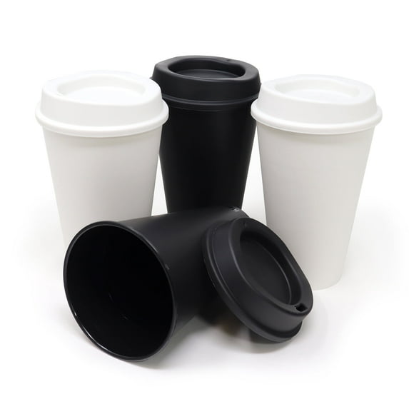 16 oz Reusable Coffee Cups with Lids 4 Pk, To Go Travel Cups, USA Made, Hot or Cold Drinks, Dishwasher and Microwave Safe, Black and White Mix
