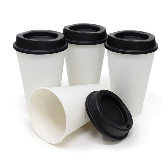16 oz Reusable Coffee Cups with Lids 4 Pk, To Go Travel Cups, USA Made, Hot or Cold Drinks, Dishwasher and Microwave Safe, White Cups, Black Lids