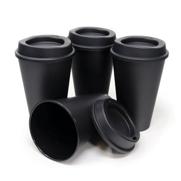 16 oz Reusable Coffee Cups with Lids 4 Pk, USA Made, To Go Travel Cups, Hot or Cold Drinks, Dishwasher and Microwave Safe, Black