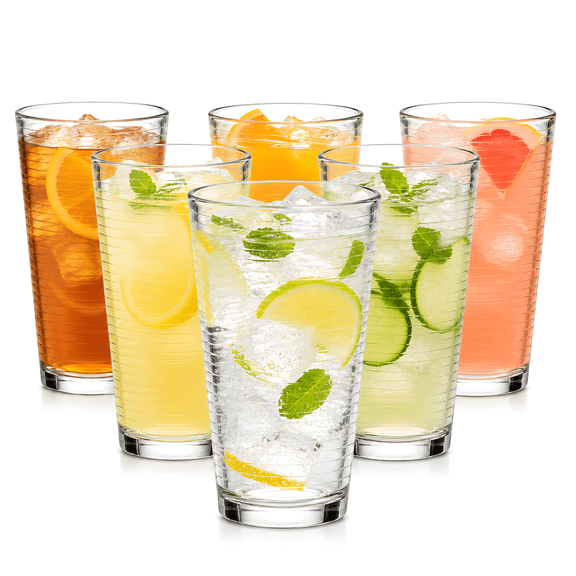 16 oz Ribbed Drinking Glasses Set of 6, Clear Highball Glass Cups for Water, Beer, Iced Coffee, Cocktails, Juice and Iced Tea, Dishwasher Safe