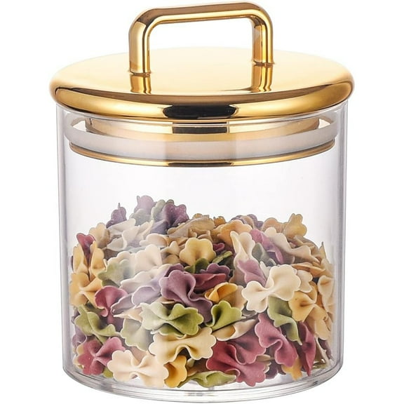 16 oz Small Acrylic Storage Apothecary Jar with Gold Airtight Lid | Bathroom Vanity Organizer Containers | Ideal D rative Canisters for Shells, Bath Salt, Cotton Swabs, Cotton Ball, Flossers