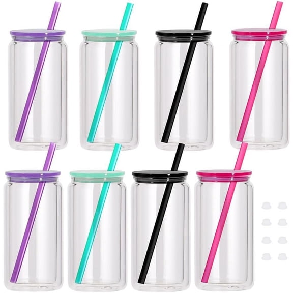 16 oz Snow Globe Tumbler, 8 Pack Double Wall Snowglobe Cups with Pre Drilled Hole Plastic Cups Blanks with Lid and Straw, Glitter Snow Globe Cup for DIY (8 Pack- )