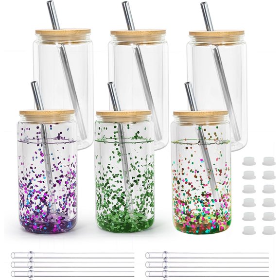 16 oz Snow Globe Tumbler Snow Globe Cups Double Wall Snowglobe Tumbler with Pre Drilled Hole Clear Plastic Cups with and Straws for Iced Coffee Boba Juice Soda 6 Pack