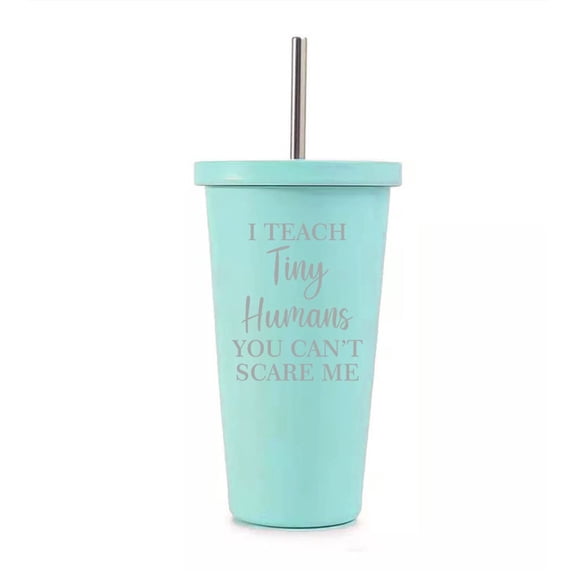 16 oz Stainless Steel Double Wall Insulated Tumbler Pool Beach Cup Travel Mug With Straw I Teach Tiny Humans You Can't Scare Me Preschool Teacher Daycare Gift (Teal)