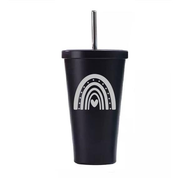 16 oz Stainless Steel Double Wall Insulated Tumbler Pool Beach Cup Travel Mug With Straw Boho Rainbow (Black)